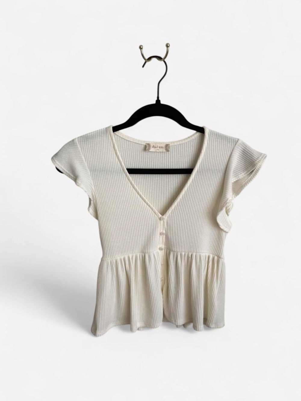 Altar'd State Cream Ribbed V-Neck Peplum Button Top